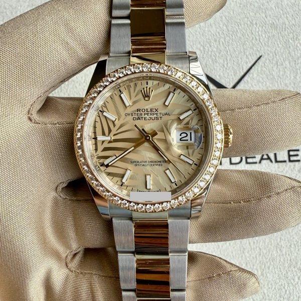 Rolex Two Tone Datejust Palm Dial Diamond Bezel